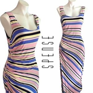 Spense Ruched Gathered Striped Bodycon Maxi Dress